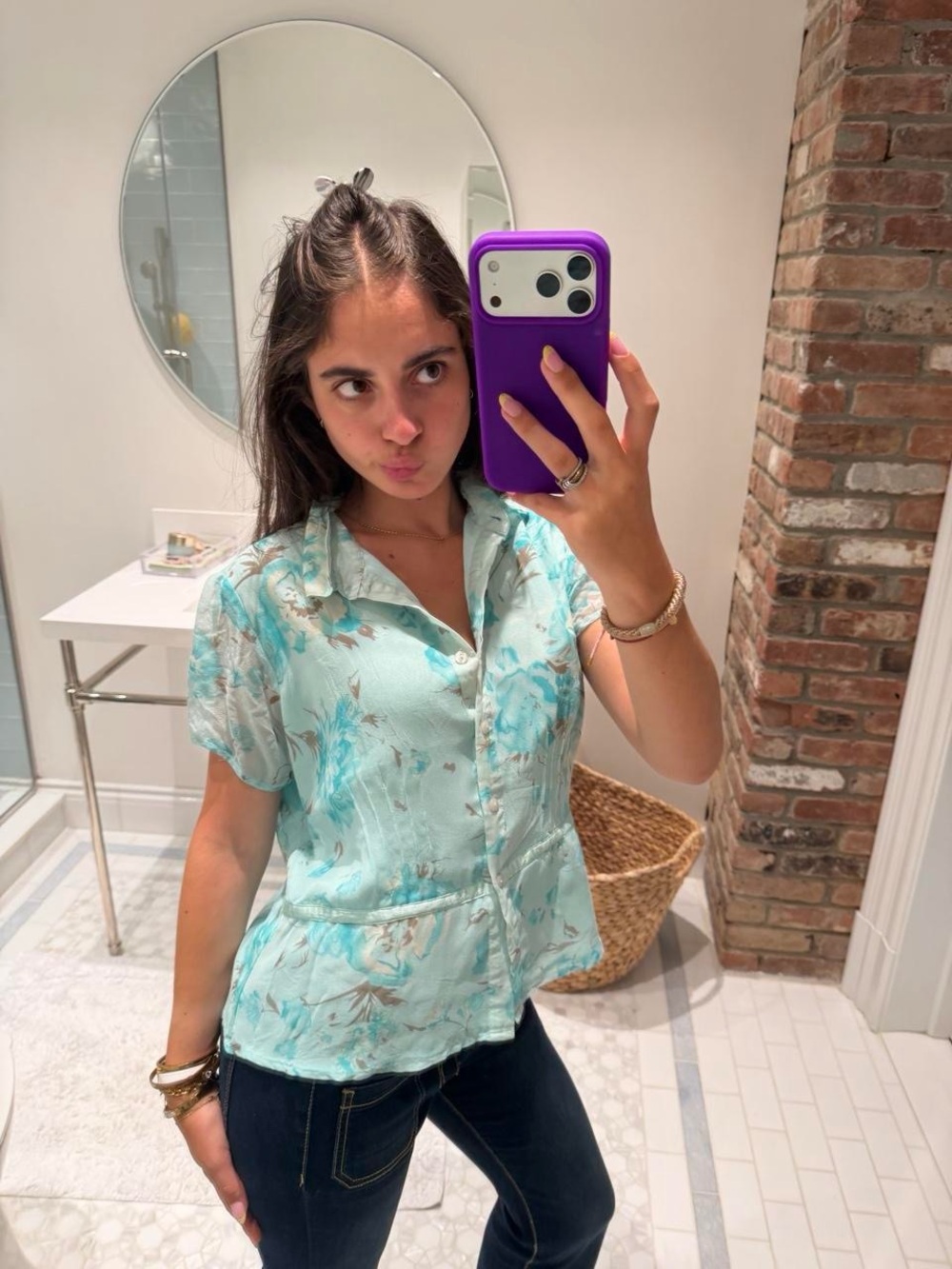 Light Blue Floral Button Front Peplum Top